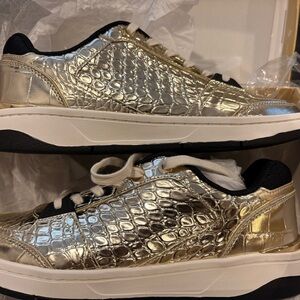Gold Crocodile Embossed Sneakers